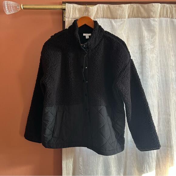 J. Jill Fit Quilted Sherpa Snap Front Fleece Jacket Black Soft Size‎ M Petite - Picture 1 of 6